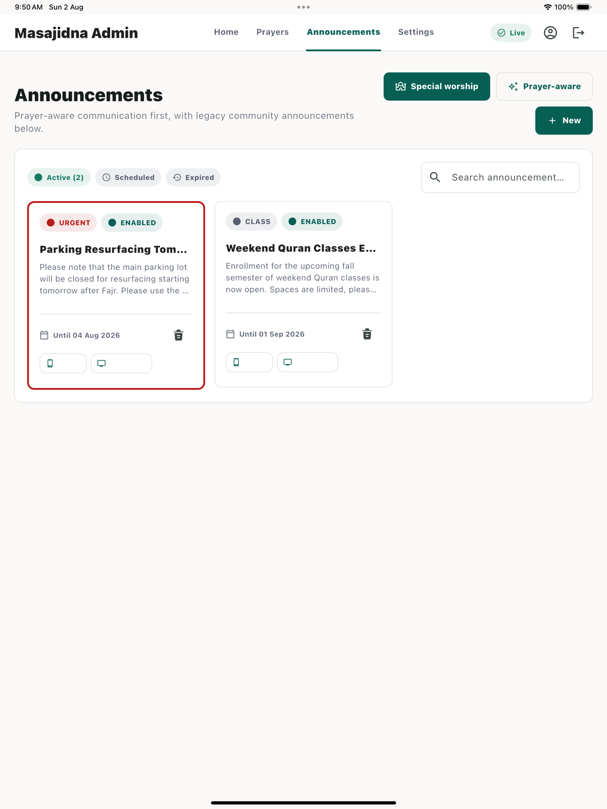 Admin announcements with active, scheduled, prayer-aware, and special worship controls