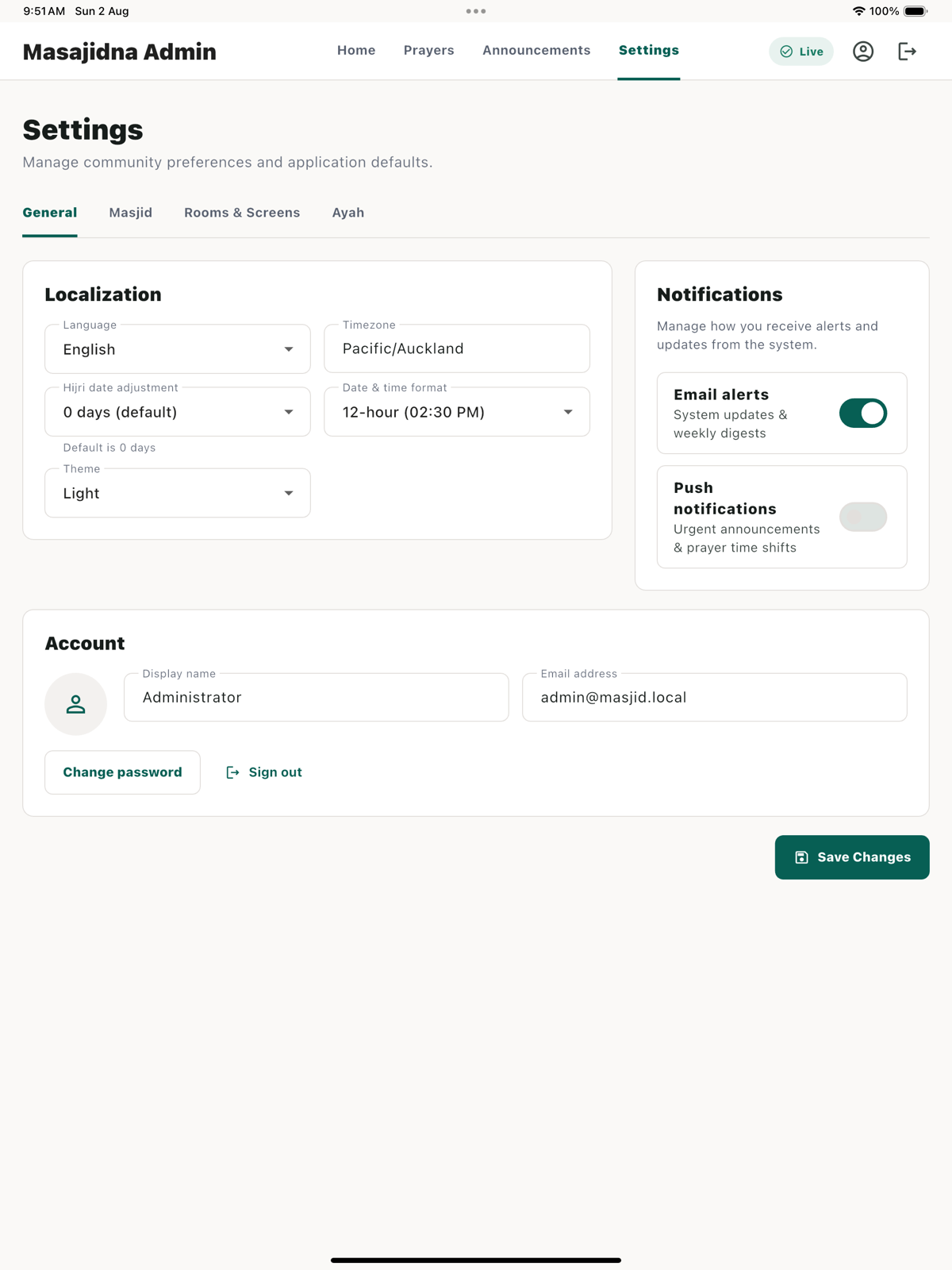 Admin settings for localization, notifications, account, rooms, screens, masjid, and Ayahs