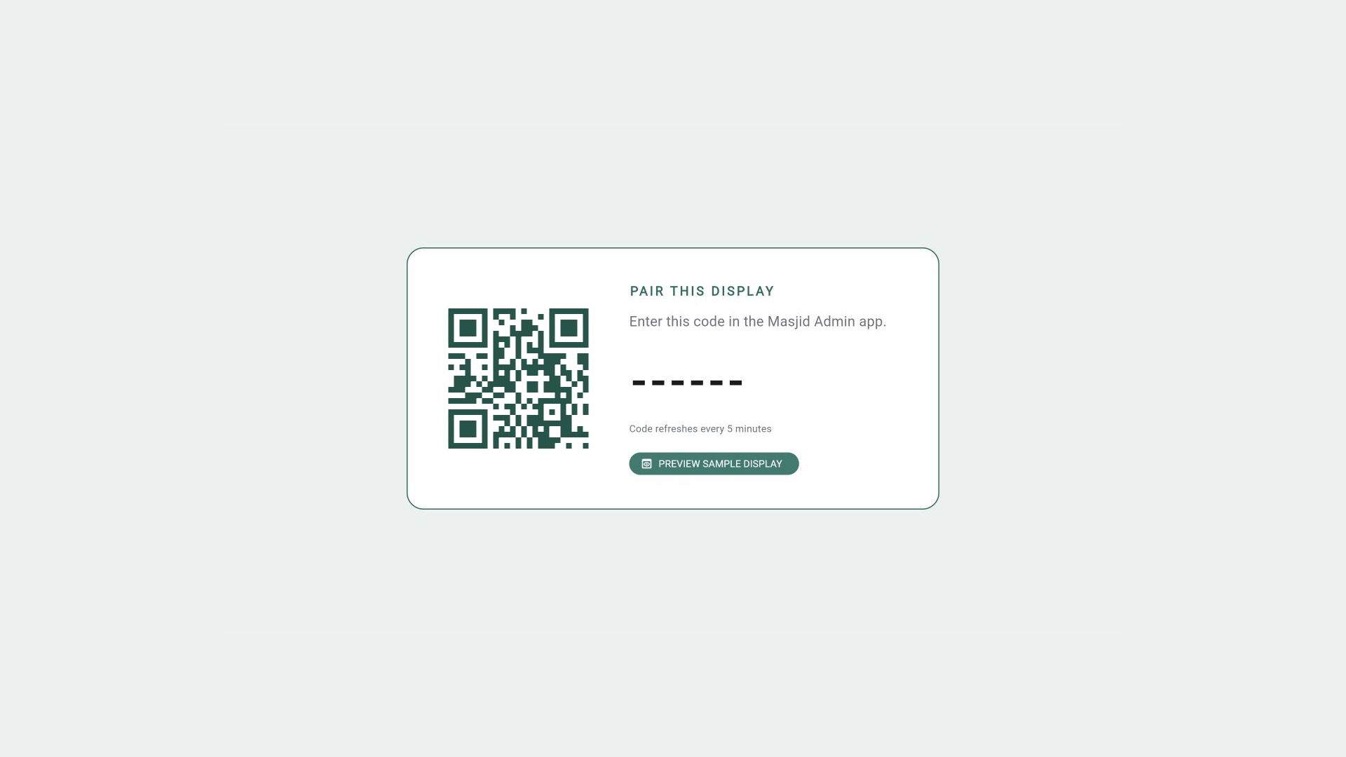 Masajidna Screen pairing view with QR code and automatically refreshing pairing code